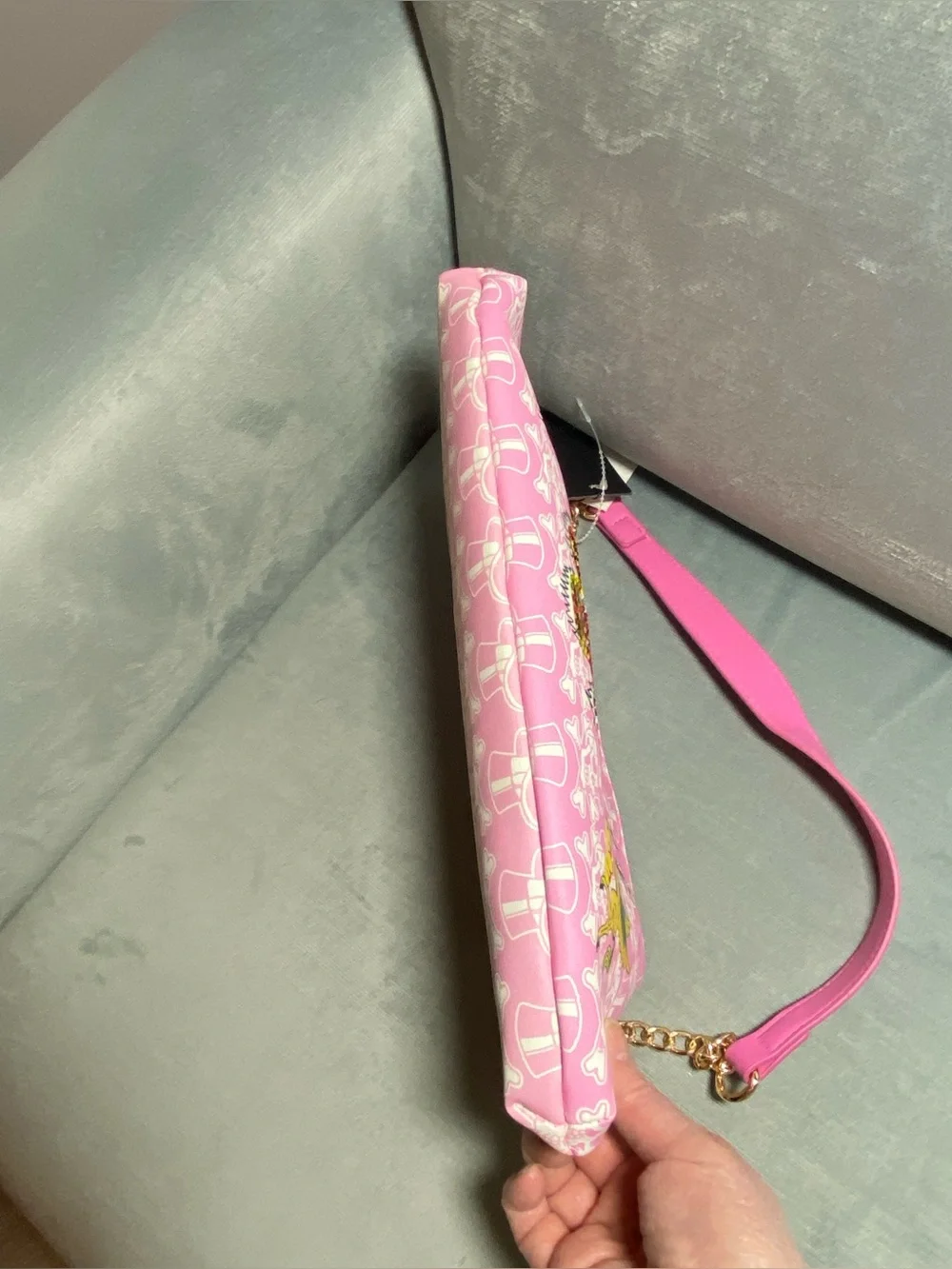 Ed Hardy Pink Graphic Shoulder Bag with Rhinestone Tiger, Gold Chain Accents